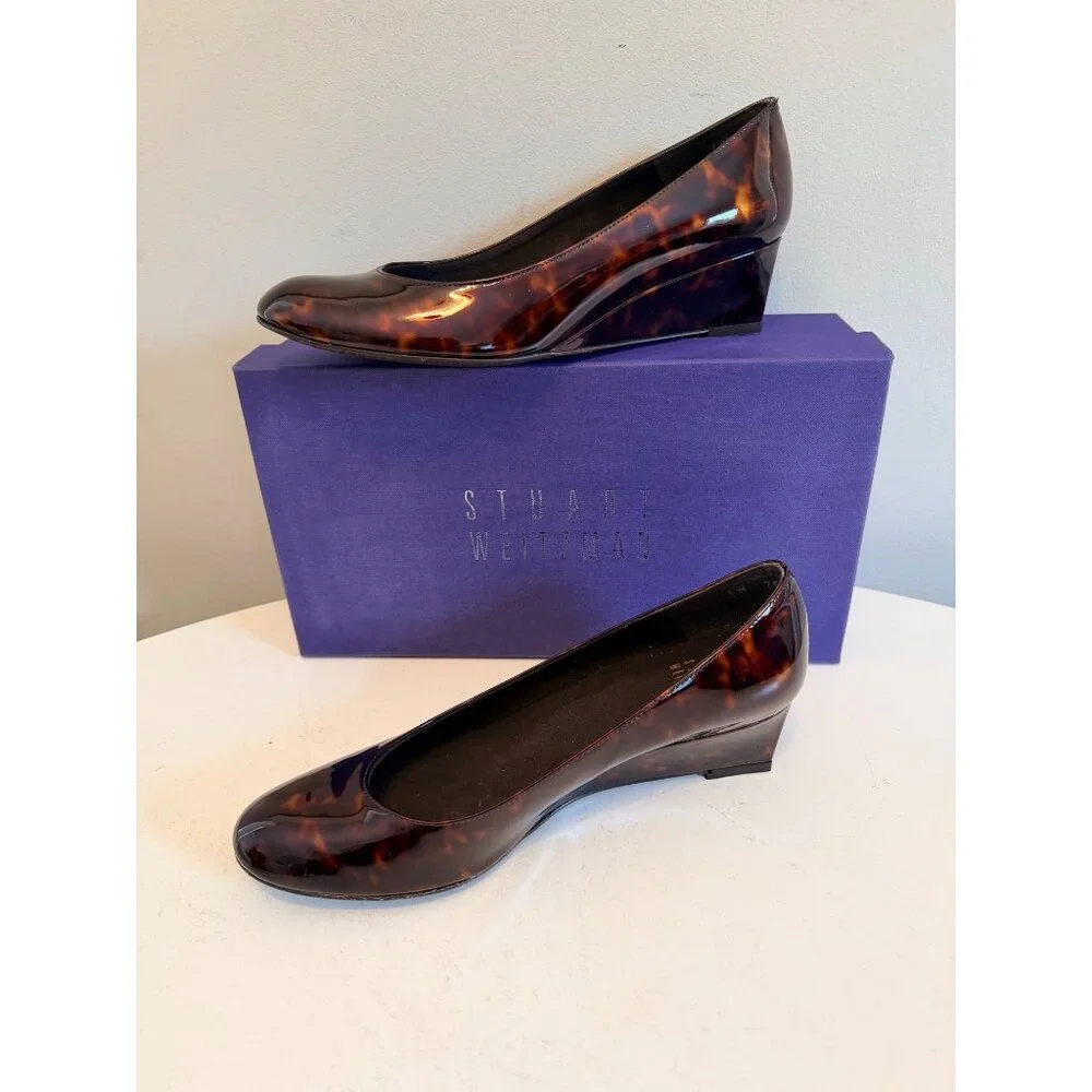 Stuart Weitzman Nusimple Cognac Tartaruga Patent Leather Wedge Shoes 7M With Box - Picture 9 of 16